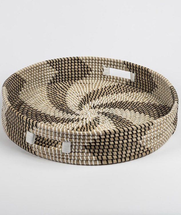 Bandeja Redonda de Fibra Natural Detalhes P&B G cod 007497 50cm x8cm