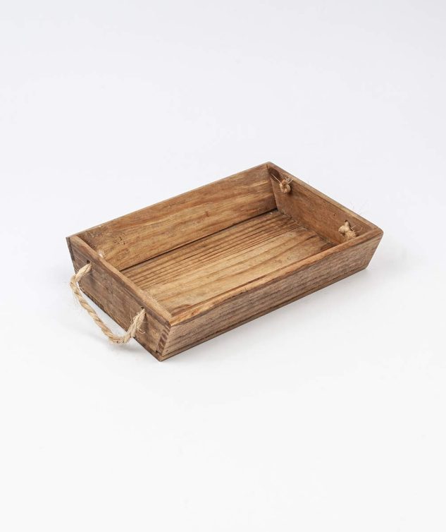 Bandeja Retangular de Madeira Funda Com Alça De Corda P cod 007671 30cm x22cm x7cm