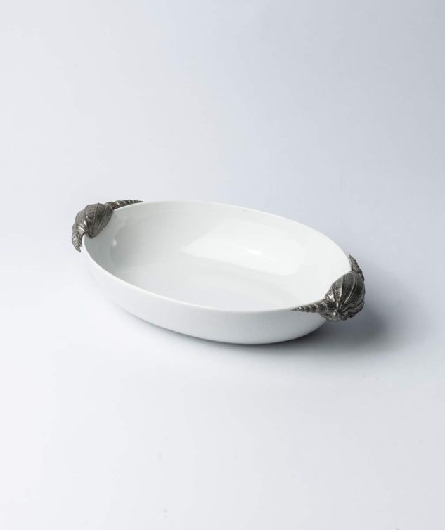 Bowl de Porcelana Branca com Alça de Caramujo em Estanho cod 005615 33cm x 21cm x 6,5cm