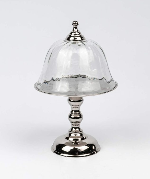 Mini Prato de Bolo c Pé Niquelado e Cloche de Vidro - cod 009227 21cm x16,5cm com cloche altura 34cm