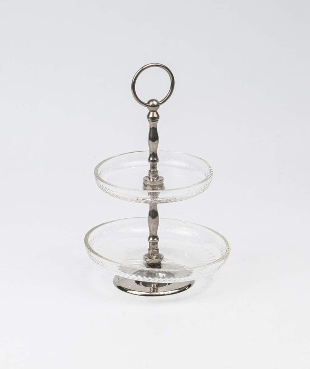 Porta Petit Four de Cristal com Alça de Argola 2 Andares - cod 005406 -18cm prato da base 27cm altura