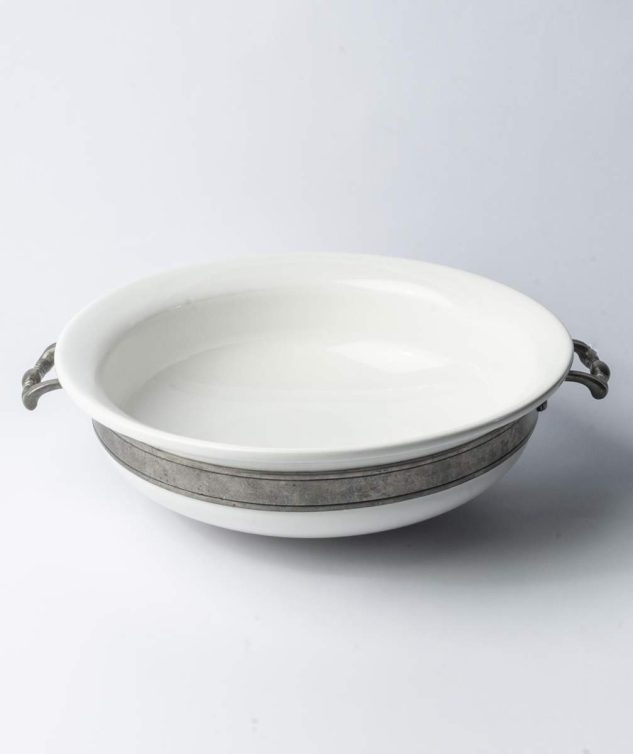 Saladeira Redonda de Porc. Branca com Cinto e Alça Estanho cod 005622 37,5cm x 12,5cm