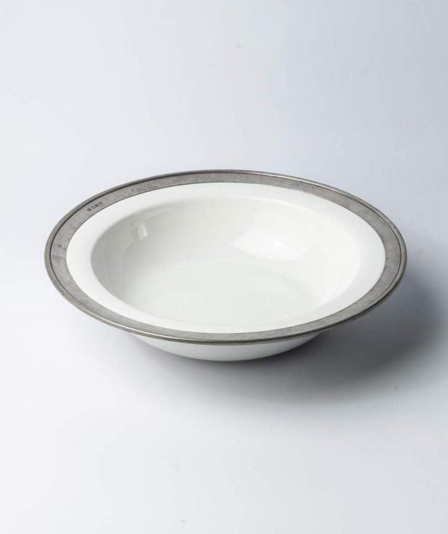 Saladeira Redonda de Porcelana Branca com Borda de Estanho cod 005613 39,5cm x 9cm