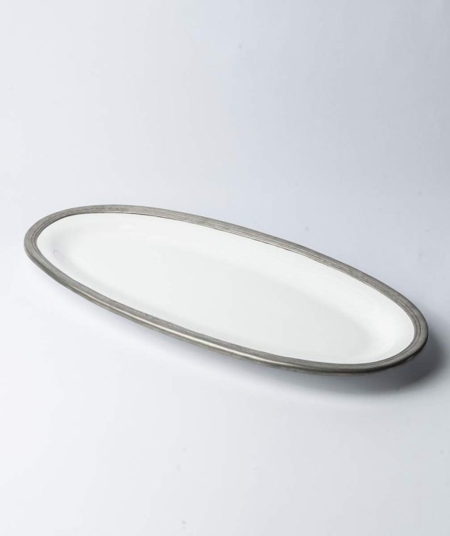 Travessa Oval de Porcelana Branca com Borda de Estanho M cod 005629 56cm x26cm x4cm