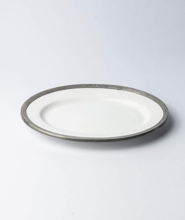 Travessa Oval de Porcelana Branca com Borda de Estanho P cod 005631 36,5cm x 26,5cm x35,cm