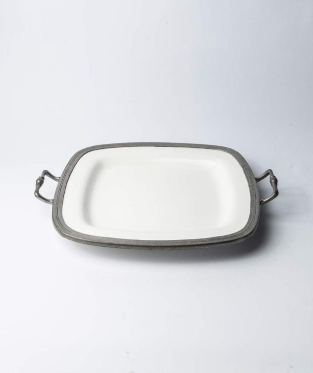 Travessa Quadrada de Porcelana Branca com Alça e Borda de Estanho cod 005621 41cm 41cm x4cm