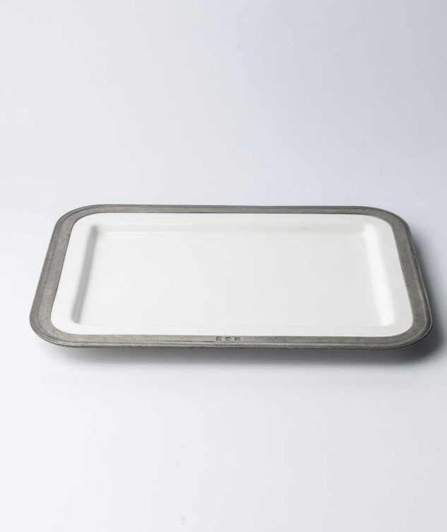Travessa Retângular de Porcelana Branca com Borda de Estanho cod 005619 42cm x 30x 2,5cm