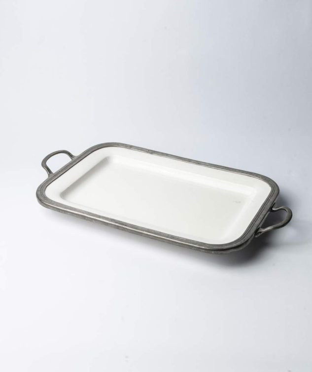 Travessa de Porcelana Branca Retângular com Alça e Borda de Estanho cod 005612 45,5cm x 31cm x 4cm