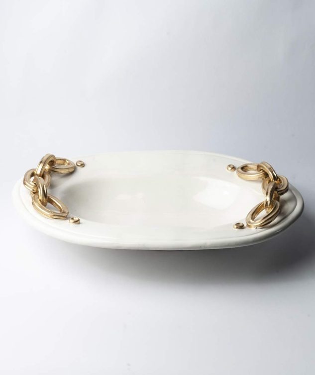 Travessa de Porcelana Oval Funda com Borda de Argola Dourada cod 005657 61cm x42cm x10cm