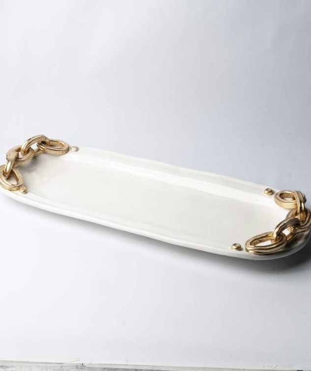 Travessa de Porcelana Retângular Rasa com Borda de Argola Dourada cod 005658 74,5cm x29cm x5cm