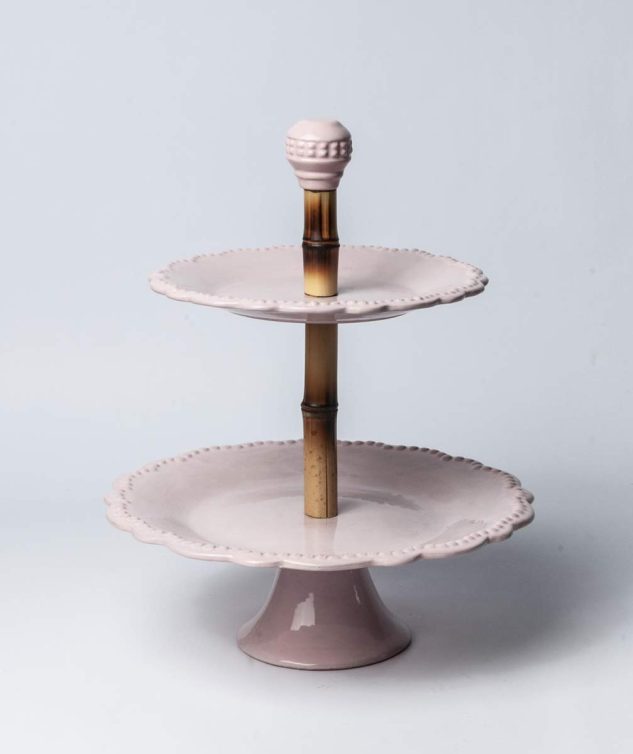 Tripé de Porcelana 2 Andares Com Bambú Rosa cod 007968 32cm prato base 25cm prato superior 40cm altura